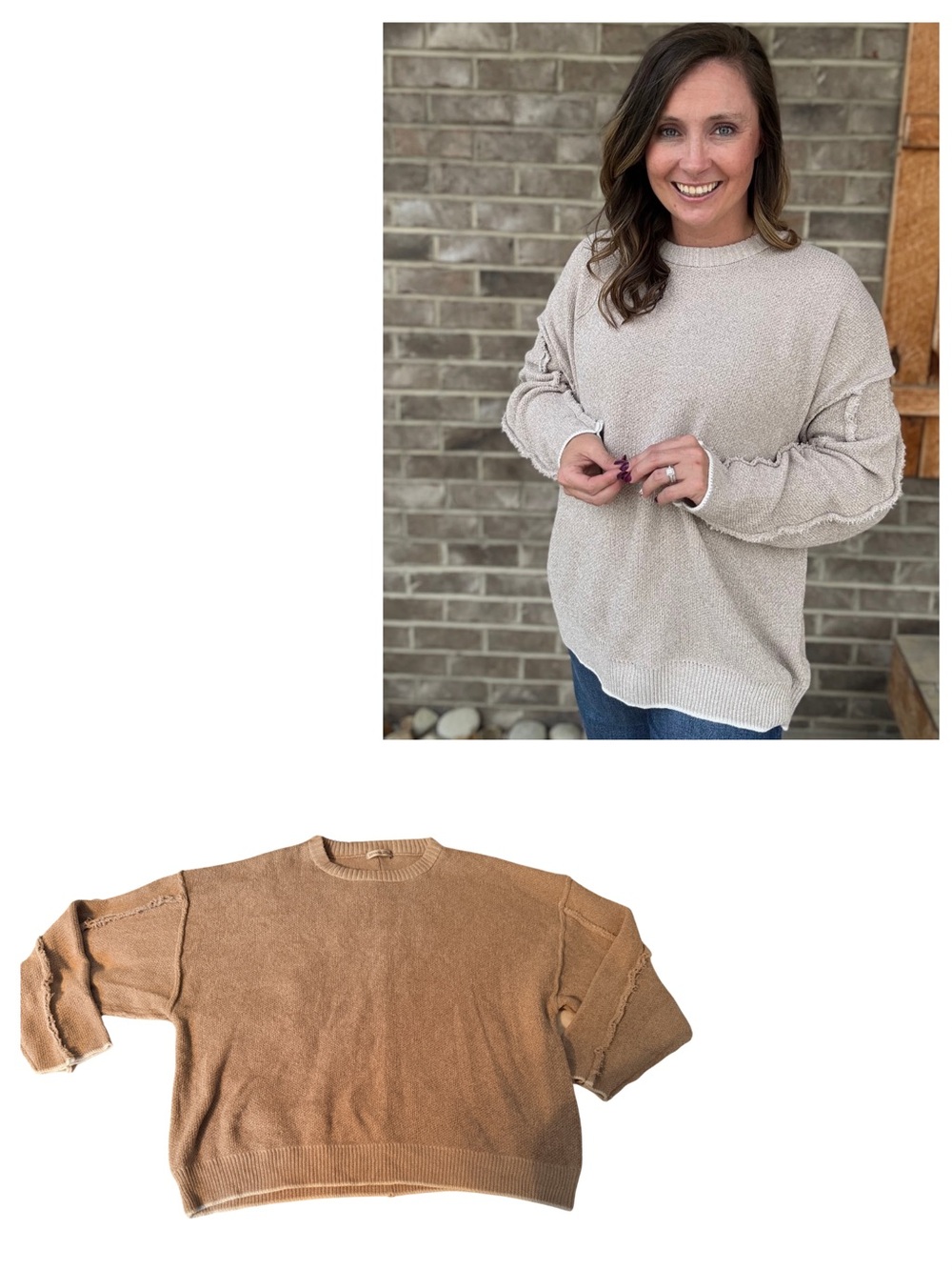 Zenana Outfitters Scoop Neck Sweater in Beige and Camel
